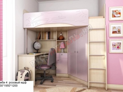 Кровать-чердак «Бемби-4 МДФ» (розовый)